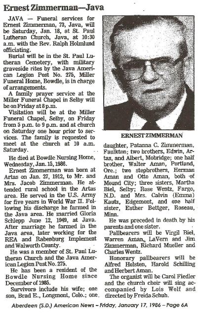 Ernest Zimmerman Obituary